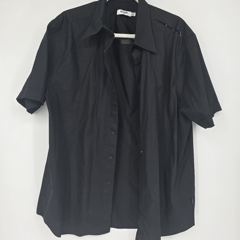Moschino jeans black button down with slices in seems and loops through XXL